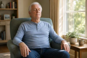 homme senior pratiquant la sophrologie senior par respiration profonde dans un parc