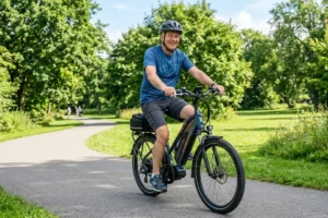 couple senior en balade avec un vélo électrique senior en forêt