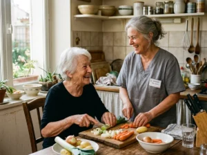 Auxiliaire de vie aidant une personne âgée en cuisine