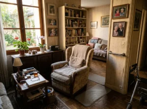 Salon senior adapté avec barres d'appui et espace dégagé
