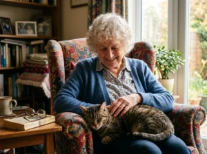 Senior femme caressant son chat sur ses genoux