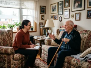 Senior avec canne discutant avec une assistante sociale