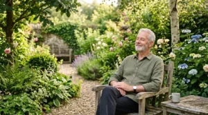 senior serein méditant dans son jardin pour son bien-être mental après 60 ans