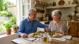 couple de seniors déjeunant d'un repas sain au saumon pour gérer le cholestérol