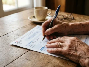Mains âgées remplissant un formulaire fiscal français
