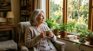 senior contemplative assise près d'une fenêtre ensoleillée