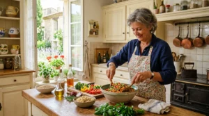 senior préparant un repas équilibré pour gérer le diabète après 60 ans