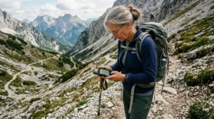 Senior femme consulte un GPS de randonnée sur un sentier de montagne