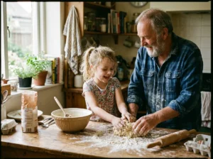 Grand-père et petite-fille faisant de la pâtisserie ensemble