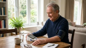 senior mesurant sa tension artérielle à domicile pour surveiller son hypertension