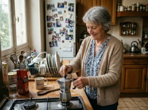 Senior femme autonome dans sa cuisine le matin