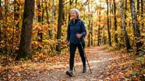 senior pratiquant la marche nordique en forêt avec des bâtons