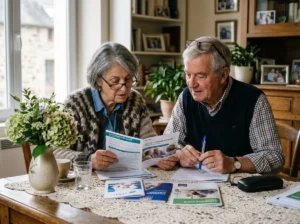 Couple senior comparant des brochures de mutuelle