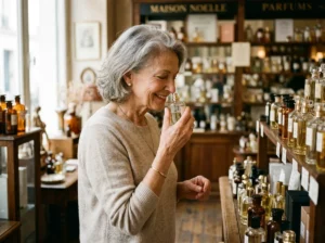 Femme senior élégante sent un flacon de parfum en boutique