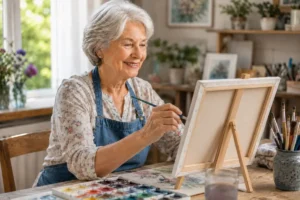 femme senior concentrée peignant sur toile dans un atelier de peinture senior