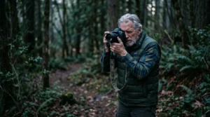 Senior homme tenant un appareil photo reflex dans un cadre naturel