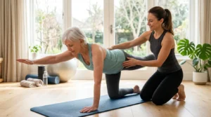 senior pratiquant le pilates sur un tapis dans une salle lumineuse