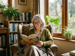Senior femme avec lunettes lisant un livre près d'une fenêtre ensoleillée