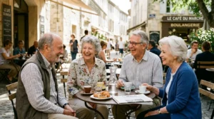 Groupe de seniors riant ensemble à une terrasse de café ensoleillée