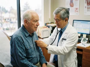 Médecin ausculte un patient âgé lors d'un bilan cardiaque