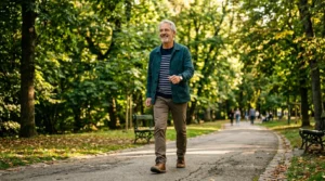 senior en bonne santé marchant en plein air après 60 ans