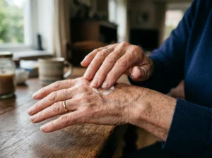 Senior femme applique une crème hydratante sur ses mains près d'une fenêtre