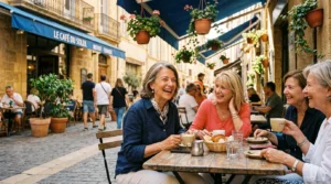 senior riant avec des amies en terrasse de café, solutions contre la solitude