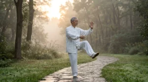 senior pratiquant le tai chi au lever du soleil dans un parc