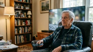 Senior homme avec télécommande devant grand écran TV dans son salon