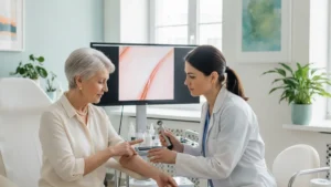 Femme senior en consultation dermatologique pour une injection d'acide hyaluronique
