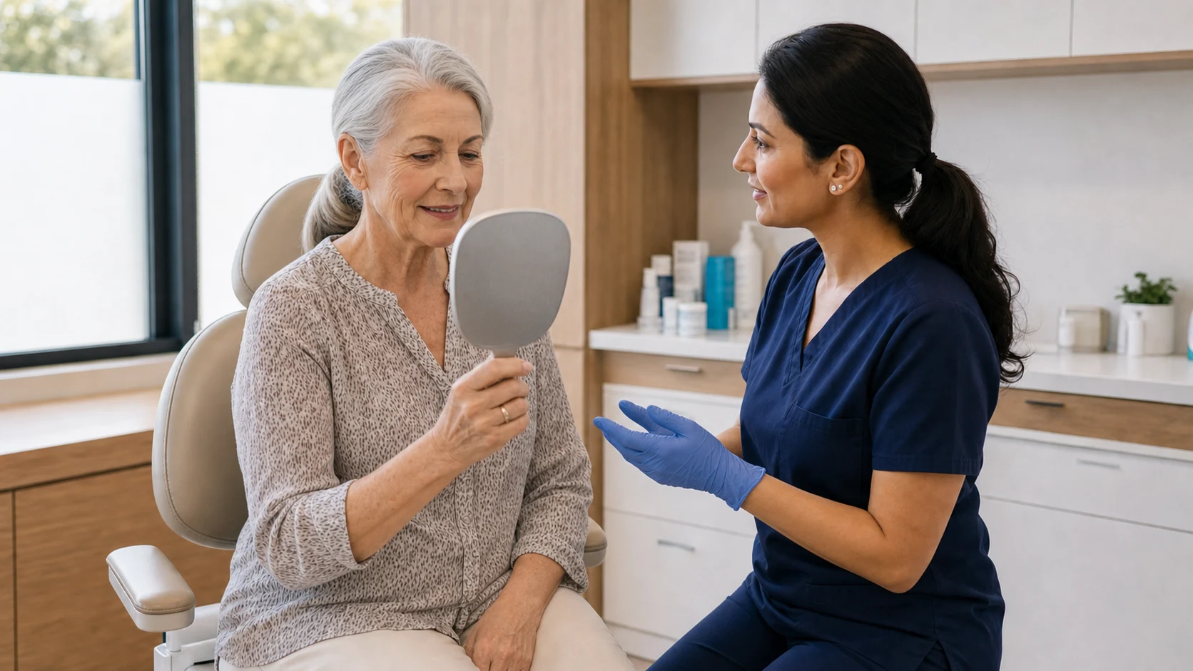 Consultation dermatologique senior : femme regardant son miroir, sans reflet visible côté caméra