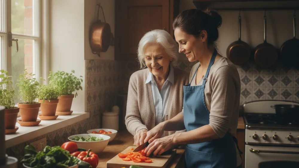 Aide a domicile aidant un senior au quotidien