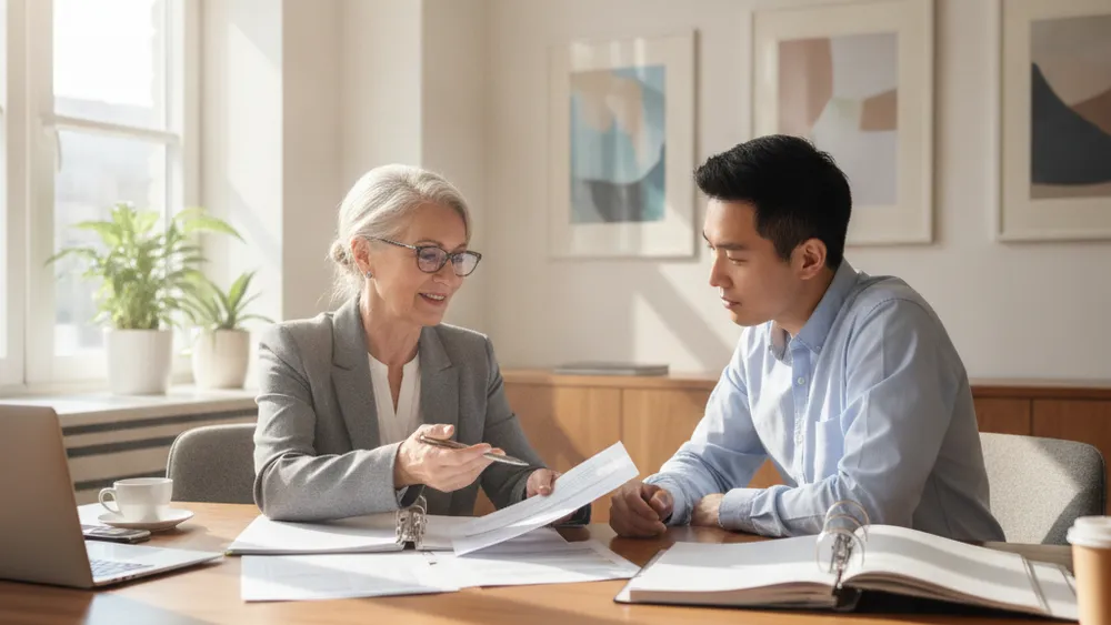 Senior consultant ses documents d'aides avec un conseiller
