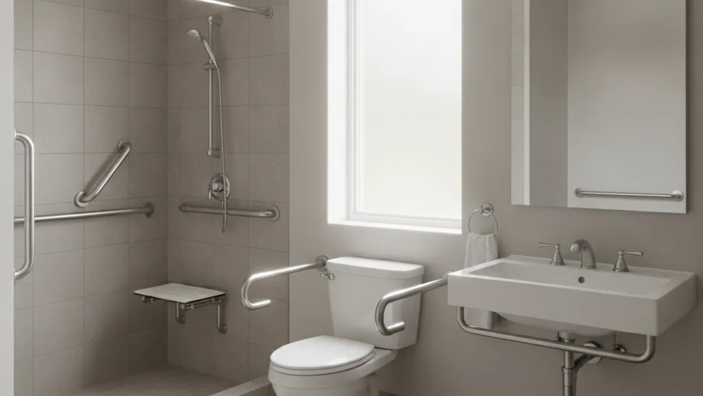 Salle de bain senior amenagee avec barres d'appui