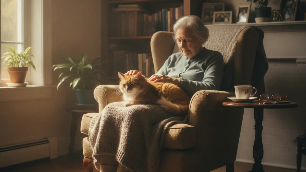 Senior caressant un chat affectueusement