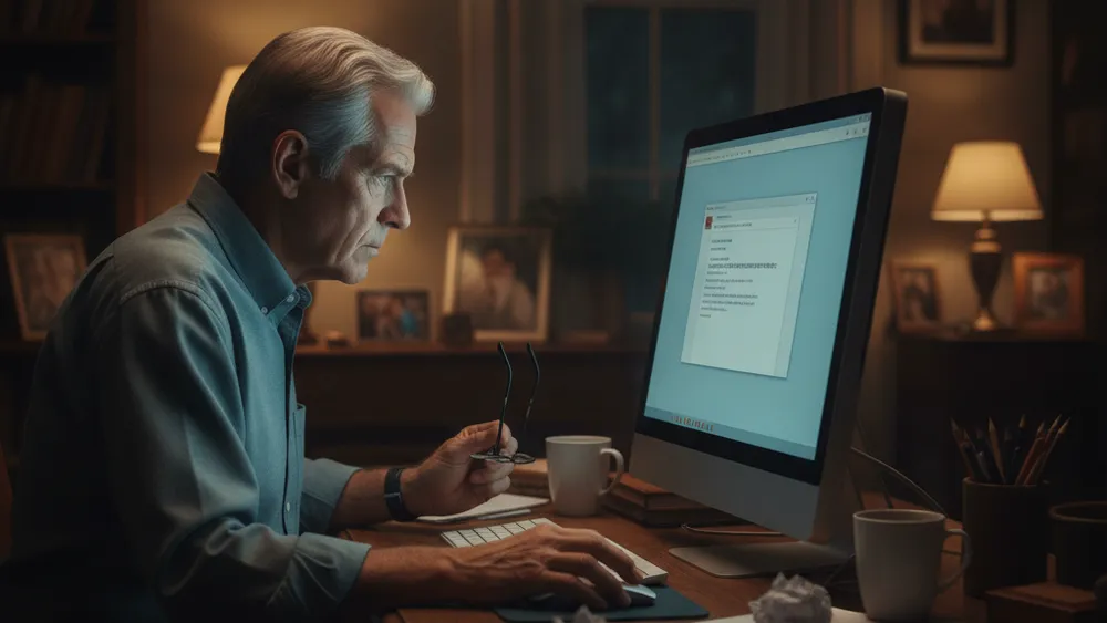 Senior vigilant examinant un email suspect