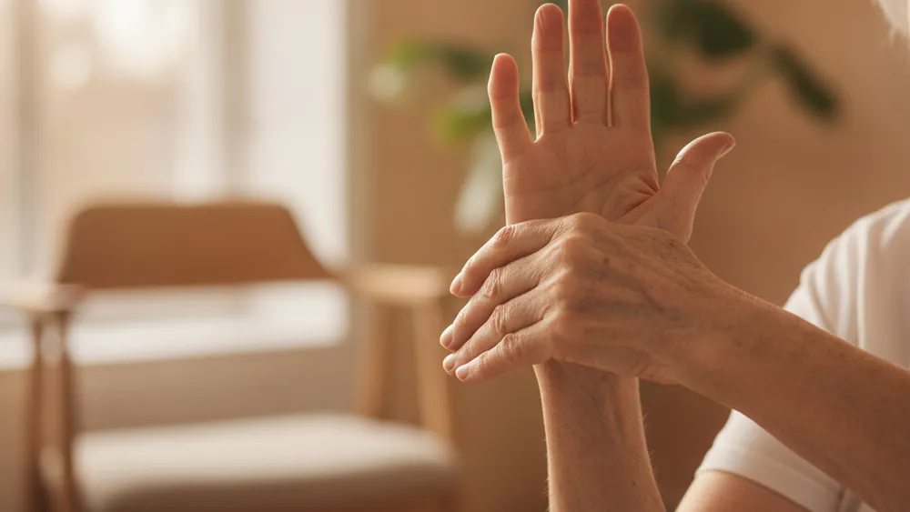 Senior faisant des exercices d'assouplissement des mains