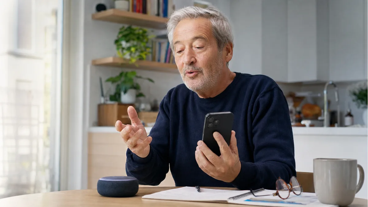 Senior utilisant la commande vocale sur son smartphone à la maison