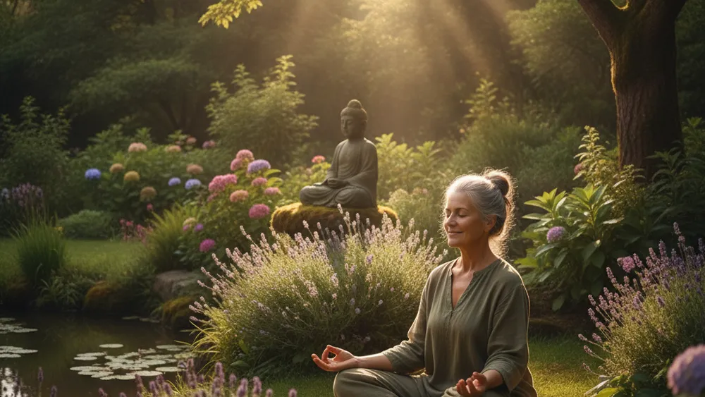 Senior meditant sereinement dans un jardin