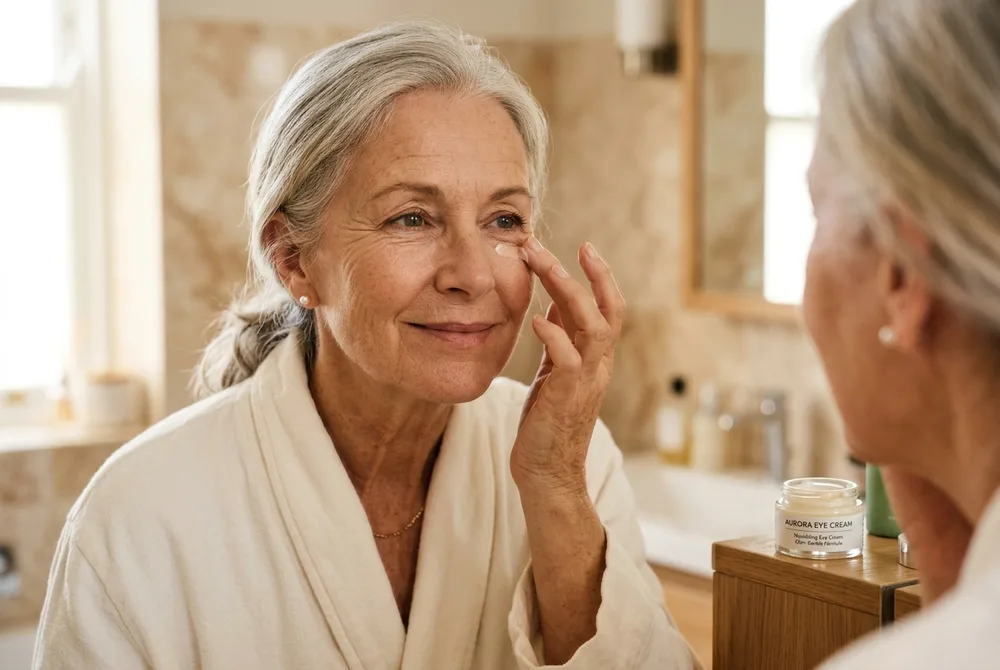 Femme senior appliquant un soin contre les cernes
