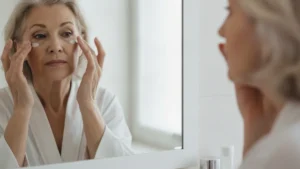 Femme senior appliquant un soin contour des yeux pour cernes et poches