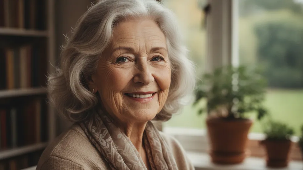 Portrait femme senior aux cheveux gris elegants