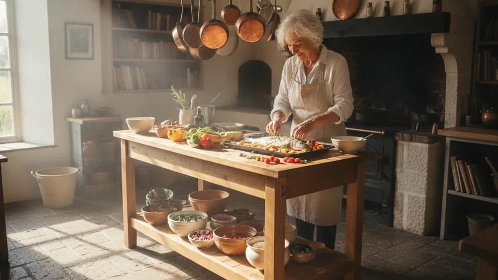 Senior preparant un plat de poisson et legumes