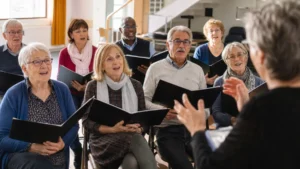 Groupe de seniors chantant ensemble pendant une répétition de chorale