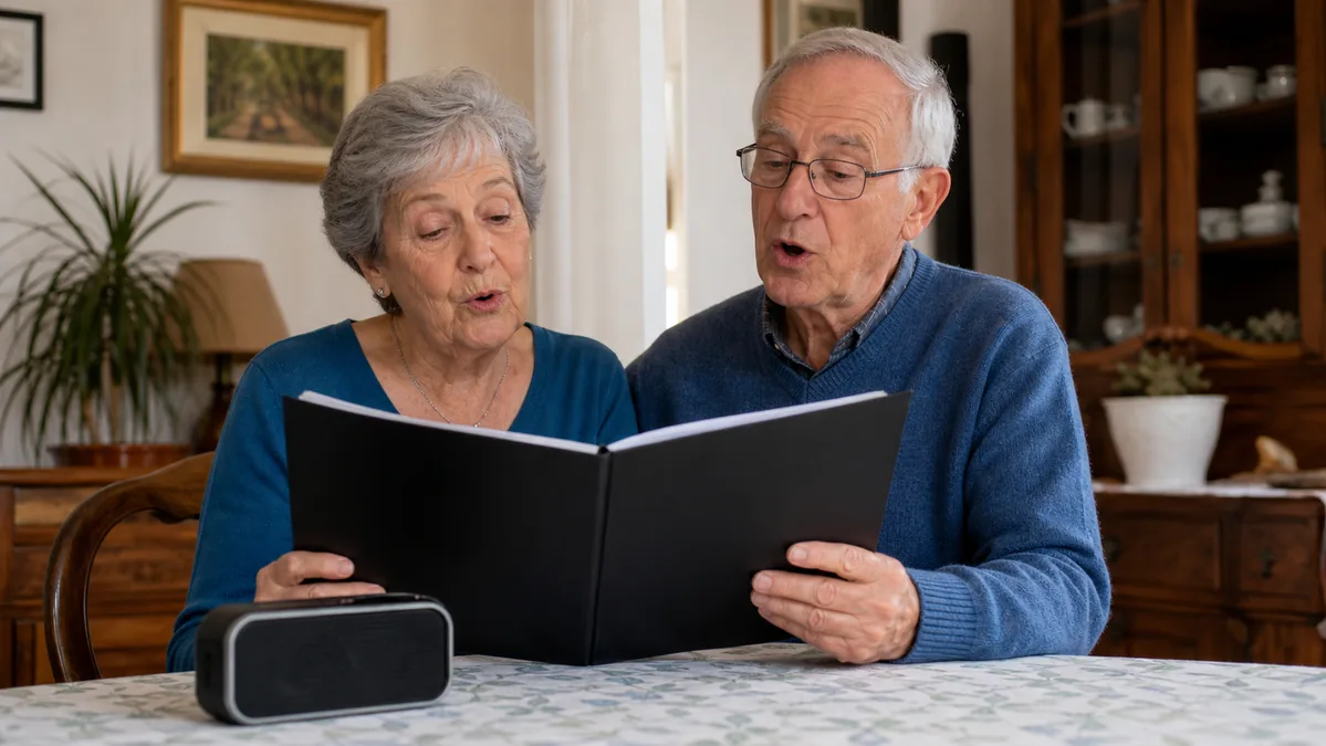 Couple de seniors répétant une chanson à la maison avant la chorale