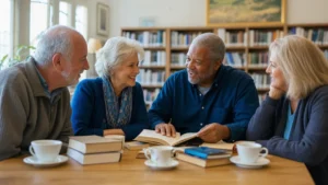 Club de lecture senior réuni autour de livres dans une bibliothèque