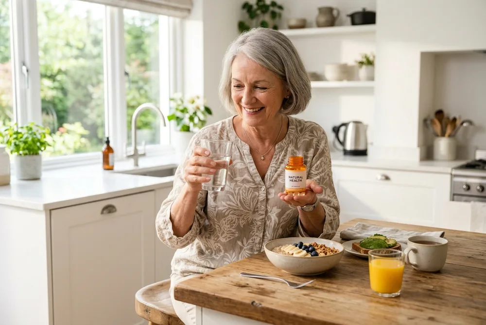 Senior prenant des compléments alimentaires le matin