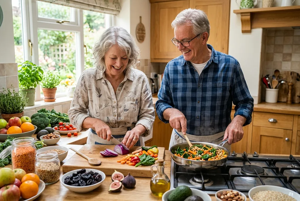 Couple senior préparant un repas riche en fibres