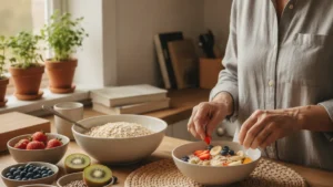 Bol de fruits et céréales complètes pour lutter contre la constipation senior