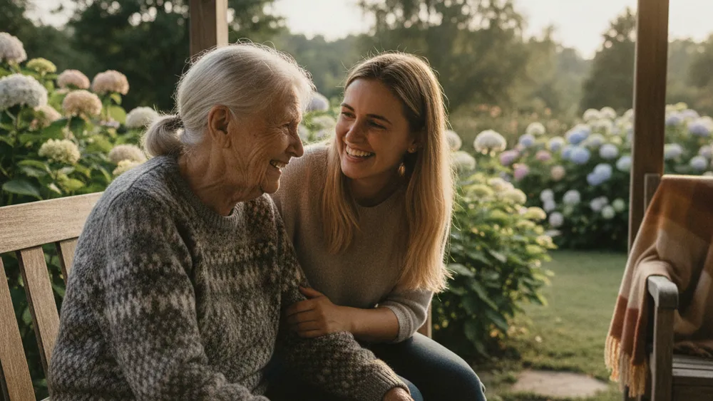 Senior discutant chaleureusement avec un proche